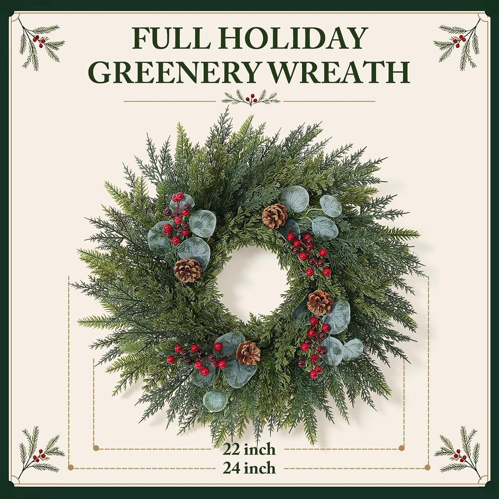 Festive 24-Inch Norfolk Pine Christmas Wreath for Front Door Decor