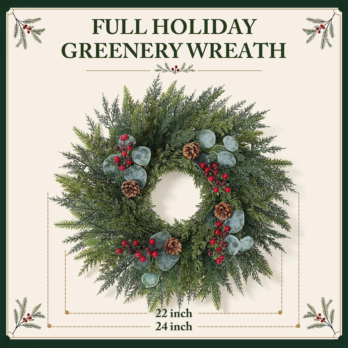 Festive 24-Inch Norfolk Pine Christmas Wreath for Front Door Decor