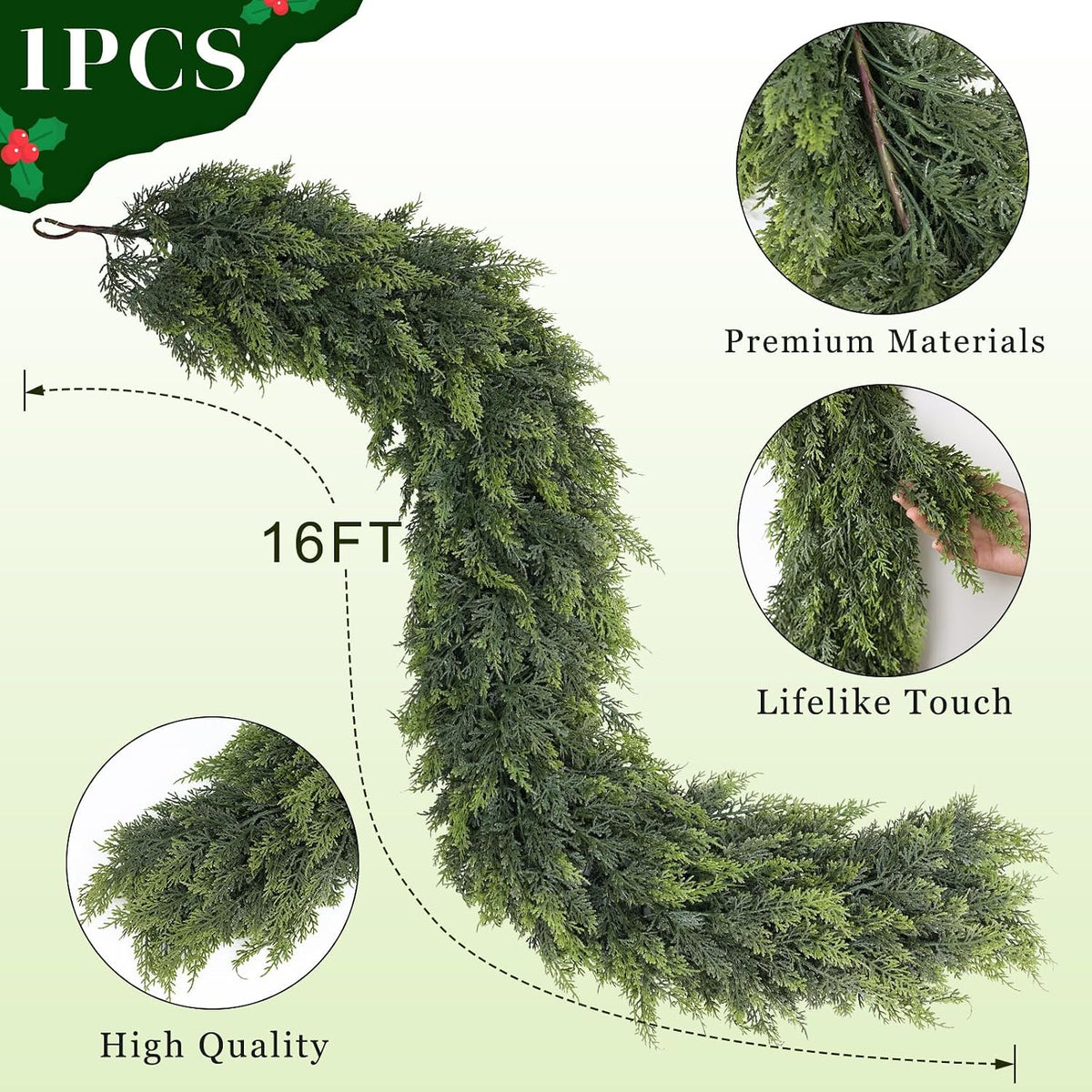 1Pcs 16FT Lifelike Touch Artificial Cedar Garland for Christmas Home Decor