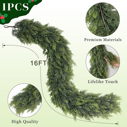 1Pcs 16FT Lifelike Touch Artificial Cedar Garland for Christmas Home Decor