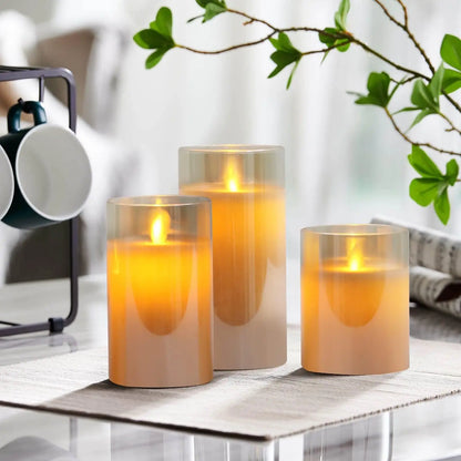 USB Rechargeable LED Flameless Pillar Candle Set Flickering Moving Wick Paraffin Real Wax Remote Controlled W/Timer Glass Lights