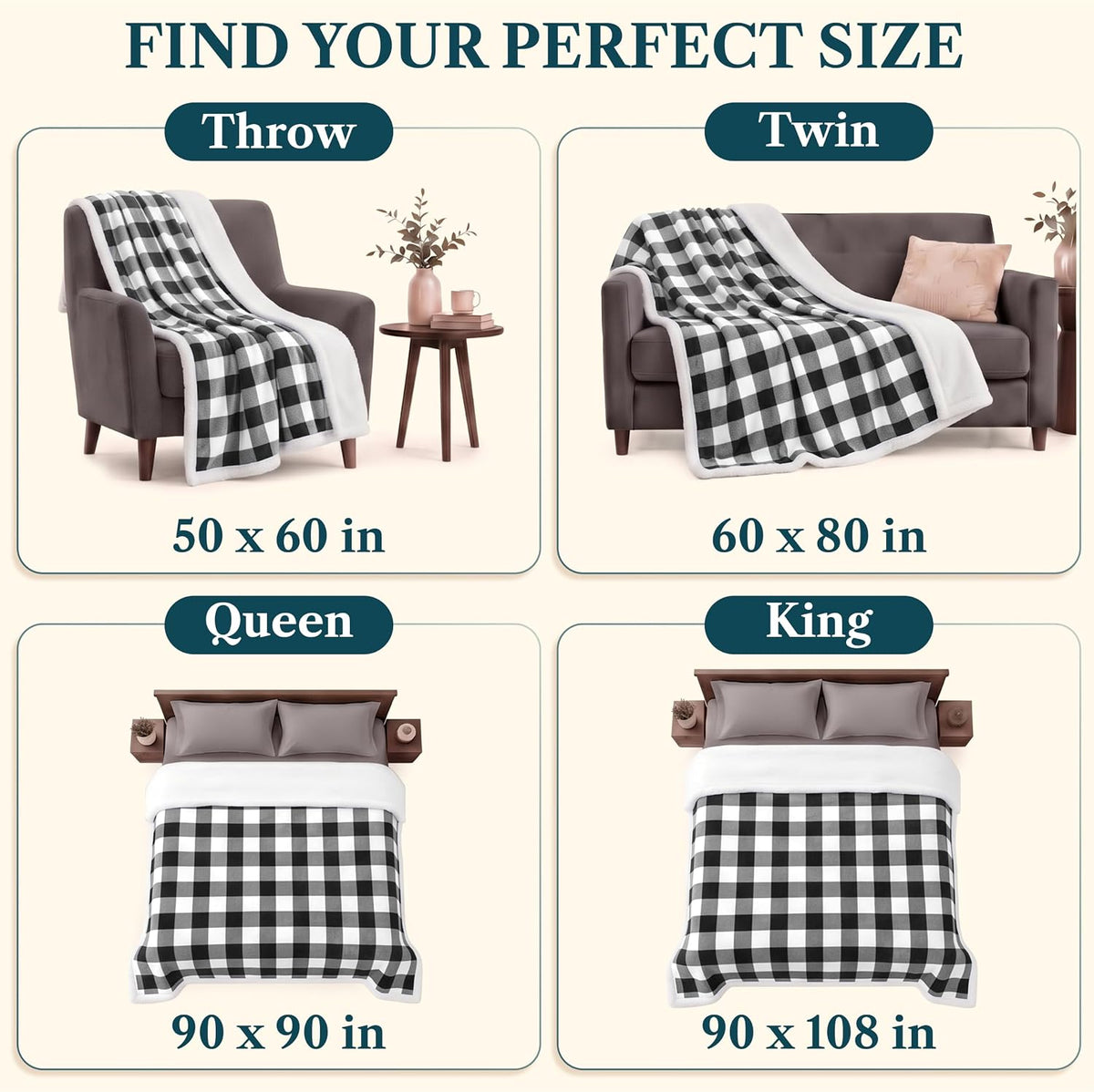 Checkered Sherpa Throw Blanket Couch Sofa Bed, Black White, 50X60