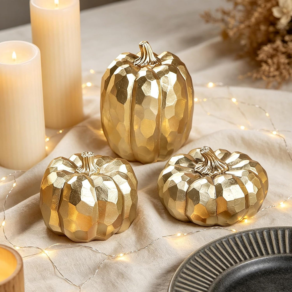 3-Pack Gold Fall Pumpkin Decor - Elegant Table Centerpieces for Autumn Home Styling
