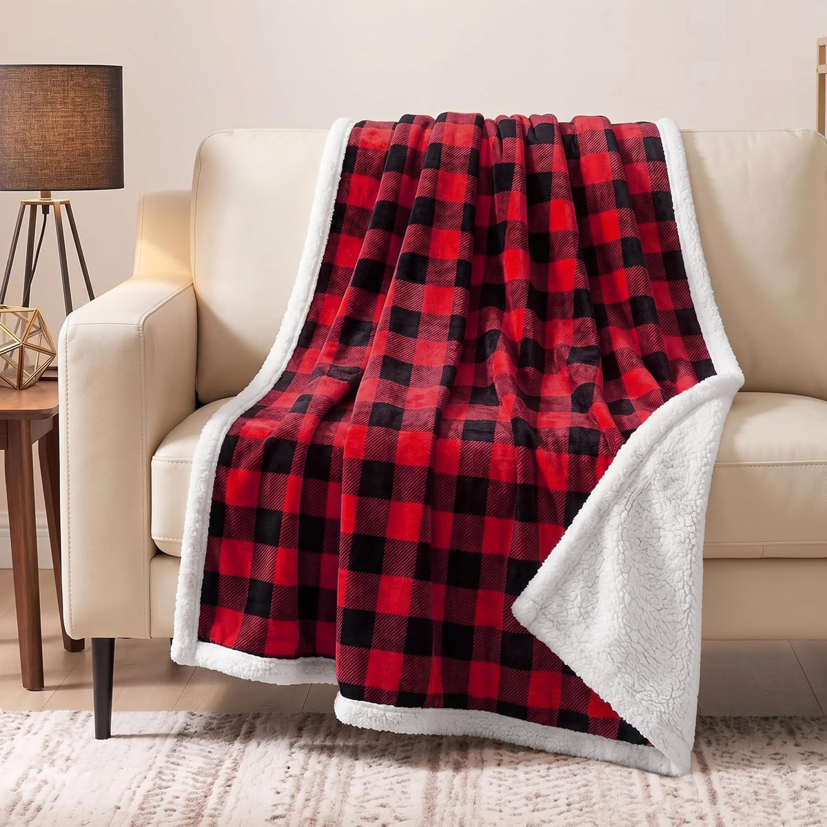 Checkered Sherpa Throw Blanket Couch Sofa Bed, Red Black, 50X60