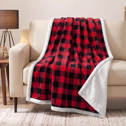 Checkered Sherpa Throw Blanket Couch Sofa Bed, Red Black, 50X60