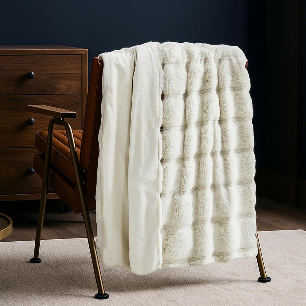 Deluxe Sheared Rabbit Faux Fur Throw Blanket, Soft Fuzzy High-Low Sculpted Plush Blanket for Couch, Cozy Home Accent, All Season Use, Beige 50"X60"