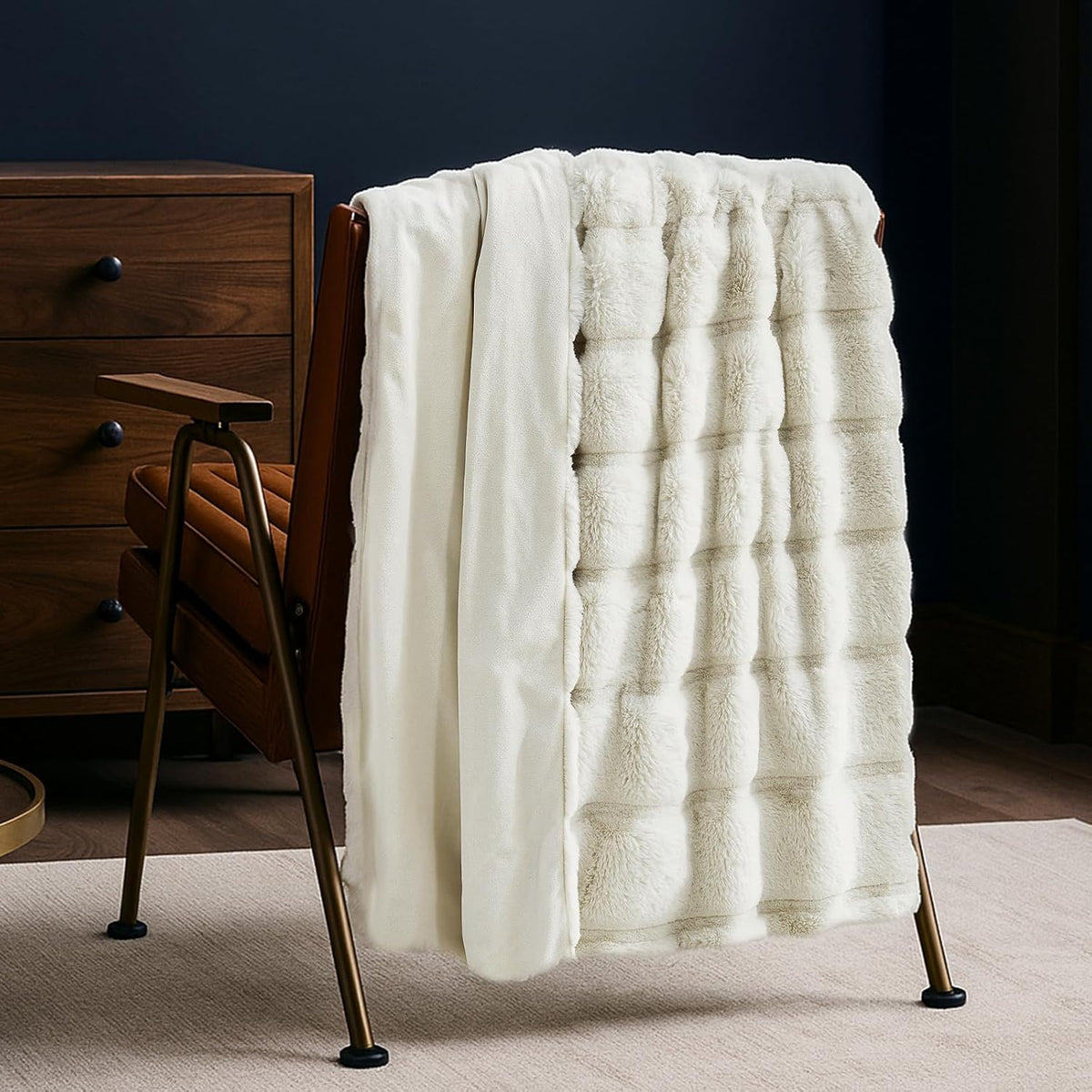 Deluxe Sheared Rabbit Faux Fur Throw Blanket, Soft Fuzzy High-Low Sculpted Plush Blanket for Couch, Cozy Home Accent, All Season Use, Beige 50"X60"