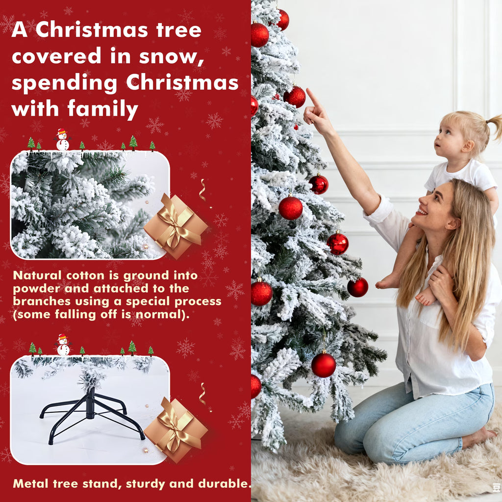 7.5Ft Artificial Christmas Tree, Snow Flocked Christmas Pine Tree, with 450 Warm White Lights, 1200 White Tips Branch, Metal Stand for Xmas Holiday, Indoor and Outdoor Decor