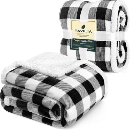 Checkered Sherpa Throw Blanket Couch Sofa Bed, Black White, 50X60