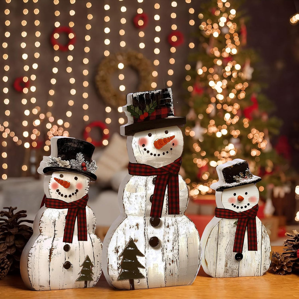3 Pcs Snowman Christmas Decoration Rustic Wooden Indoor Decor