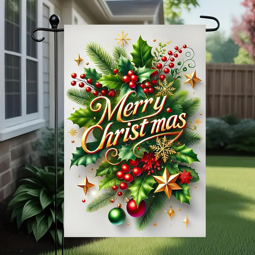 Christmas Garden Flag 12X18 Inch, Holly Berry Holiday Yard Decor