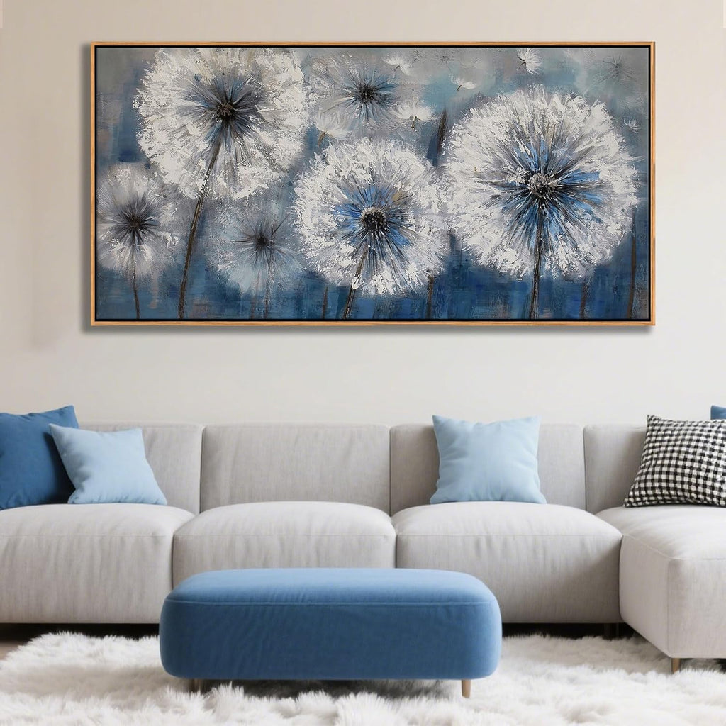 Dandelion Wall Art Blue Canvas Print Picture Framed Wall Art for Living Room Large White Flower Flora Home Decoration Modern(With Soild Wood Dark Framed) Bedroom Artwork Wall Decor