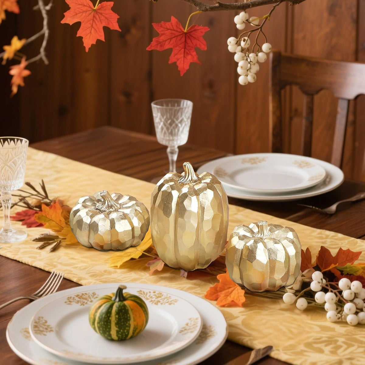 3-Pack Gold Fall Pumpkin Decor - Elegant Table Centerpieces for Autumn Home Styling