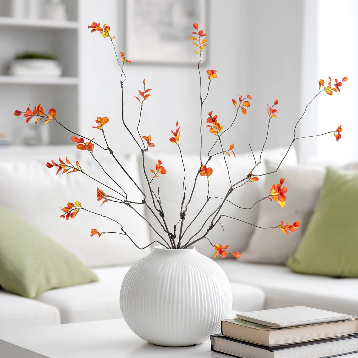 4 Pcs Fall Stems for Vases, 35.4 Inch Artificial Ficus Branches, Faux Eucalyptus Stems and Fake Fall Leaves for Autumn Table Centerpiece Home Decor, Orange, Vase Not Included
