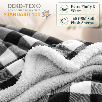 Checkered Sherpa Throw Blanket Couch Sofa Bed, Black White, 50X60