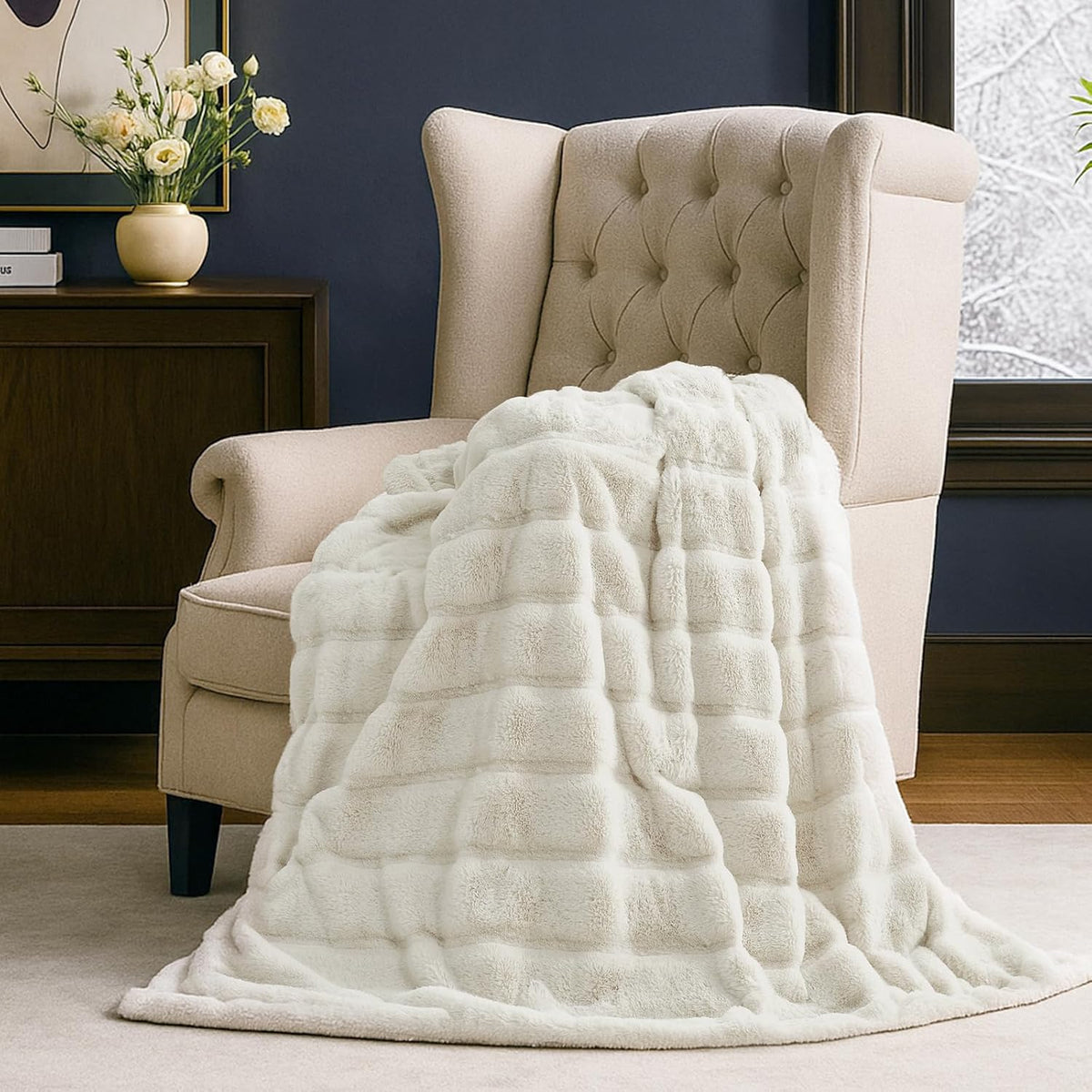 Deluxe Sheared Rabbit Faux Fur Throw Blanket, Soft Fuzzy High-Low Sculpted Plush Blanket for Couch, Cozy Home Accent, All Season Use, Beige 50"X60"