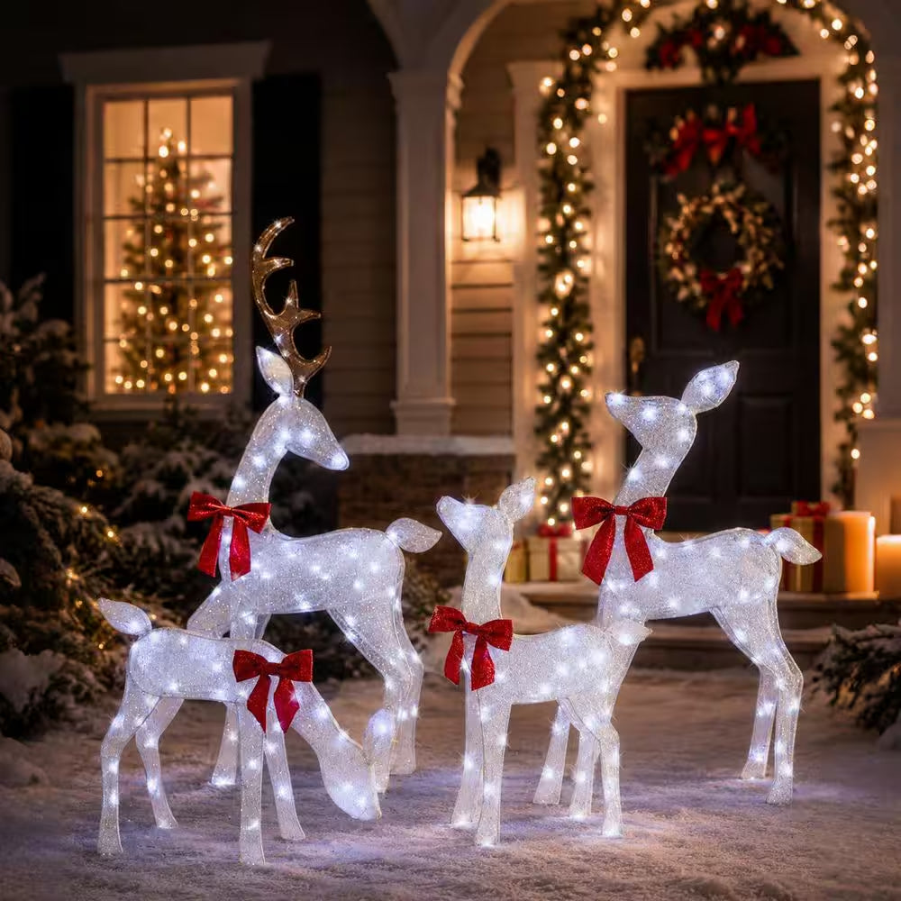 54 In. 4-Piece Outdoor Christmas Decoration 2.5D Reindeer Family Yard Decoration with Cool White LED Lights, White