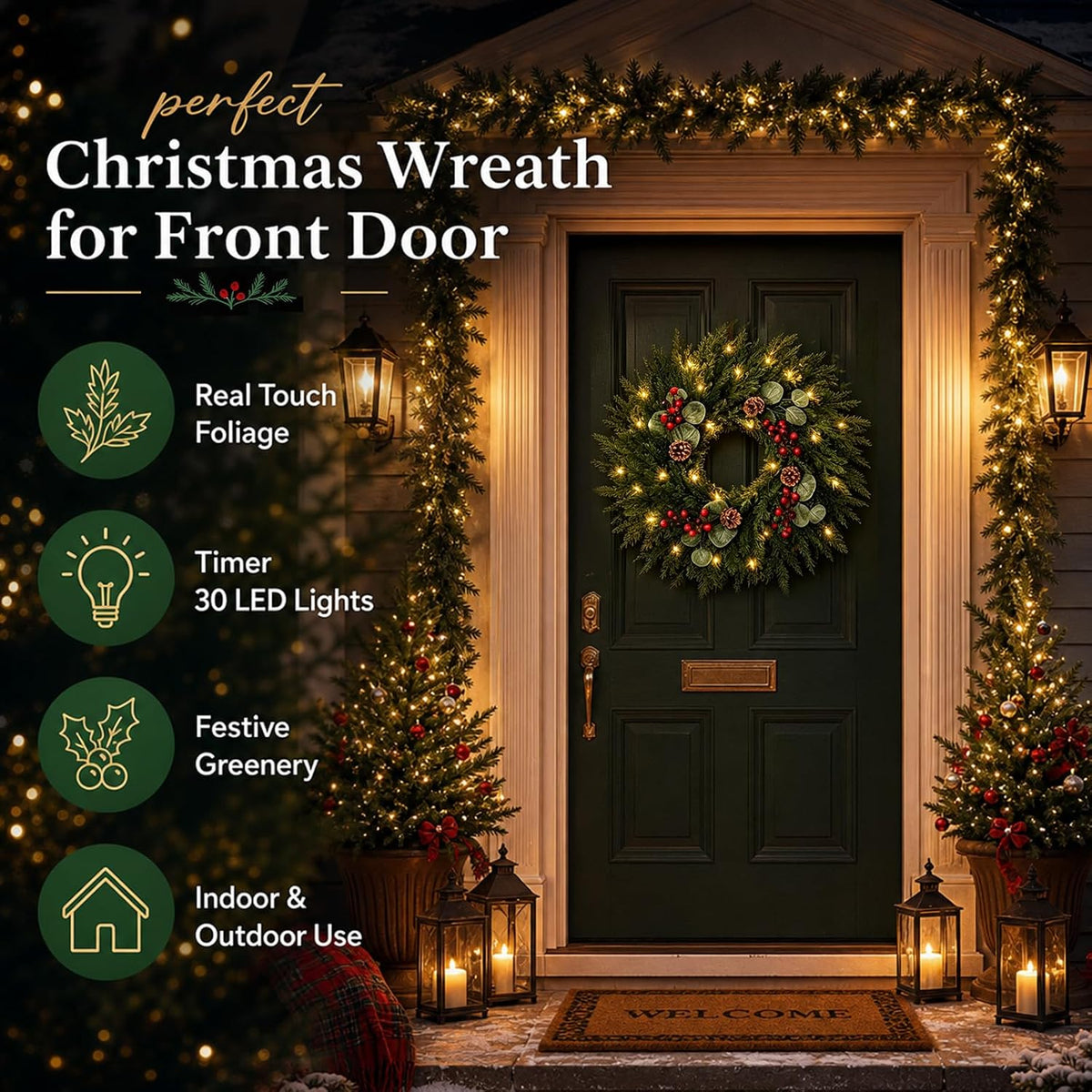 Festive 24-Inch Norfolk Pine Christmas Wreath for Front Door Decor