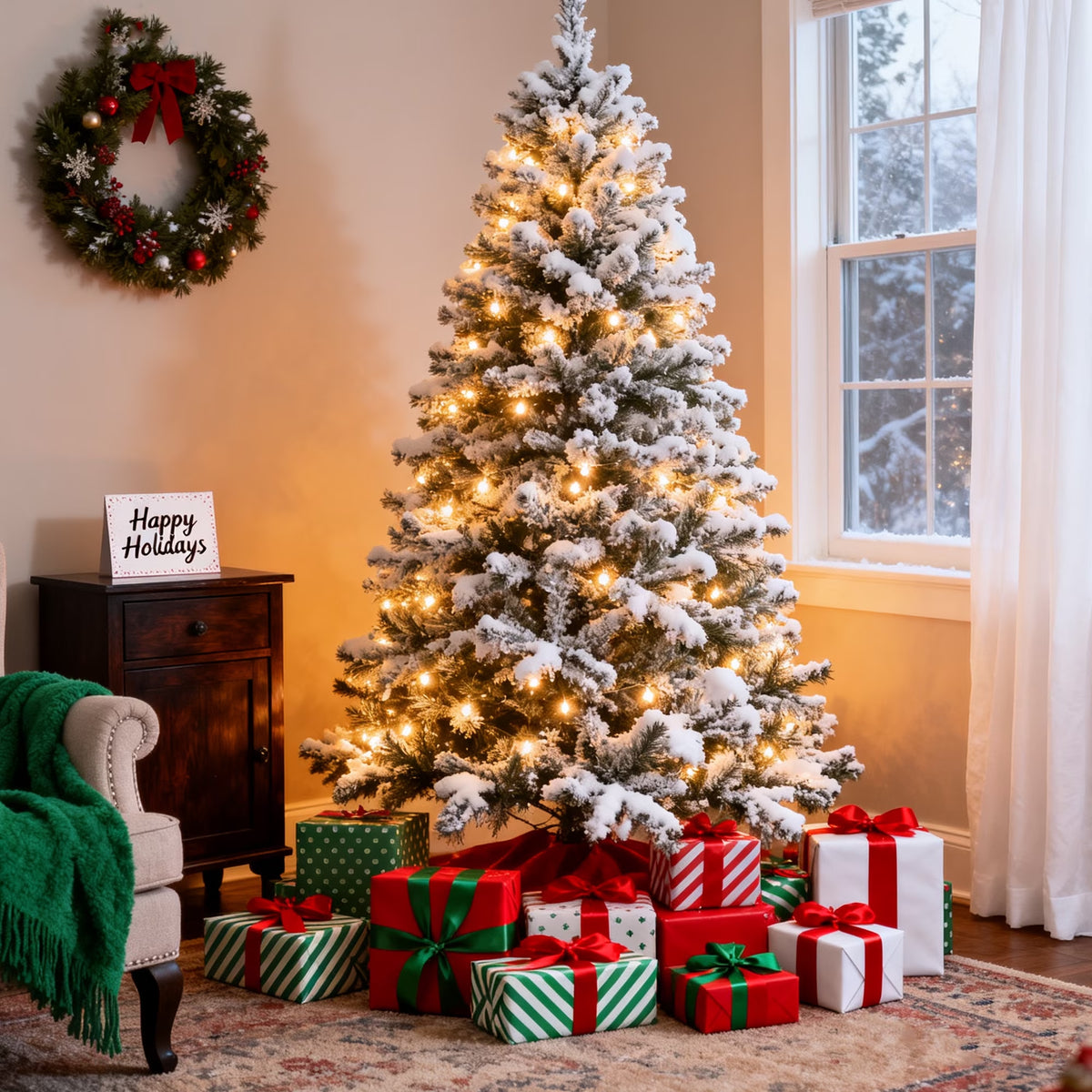 7.5Ft Artificial Christmas Tree, Snow Flocked Christmas Pine Tree, with 450 Warm White Lights, 1200 White Tips Branch, Metal Stand for Xmas Holiday, Indoor and Outdoor Decor