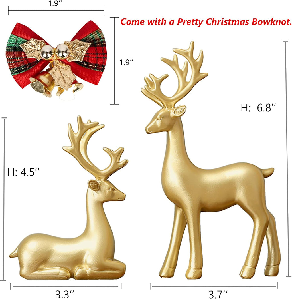 Small Reindeer Sculpture, Gold Resin Christmas Elk Set of 2