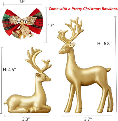Small Reindeer Sculpture, Gold Resin Christmas Elk Set of 2