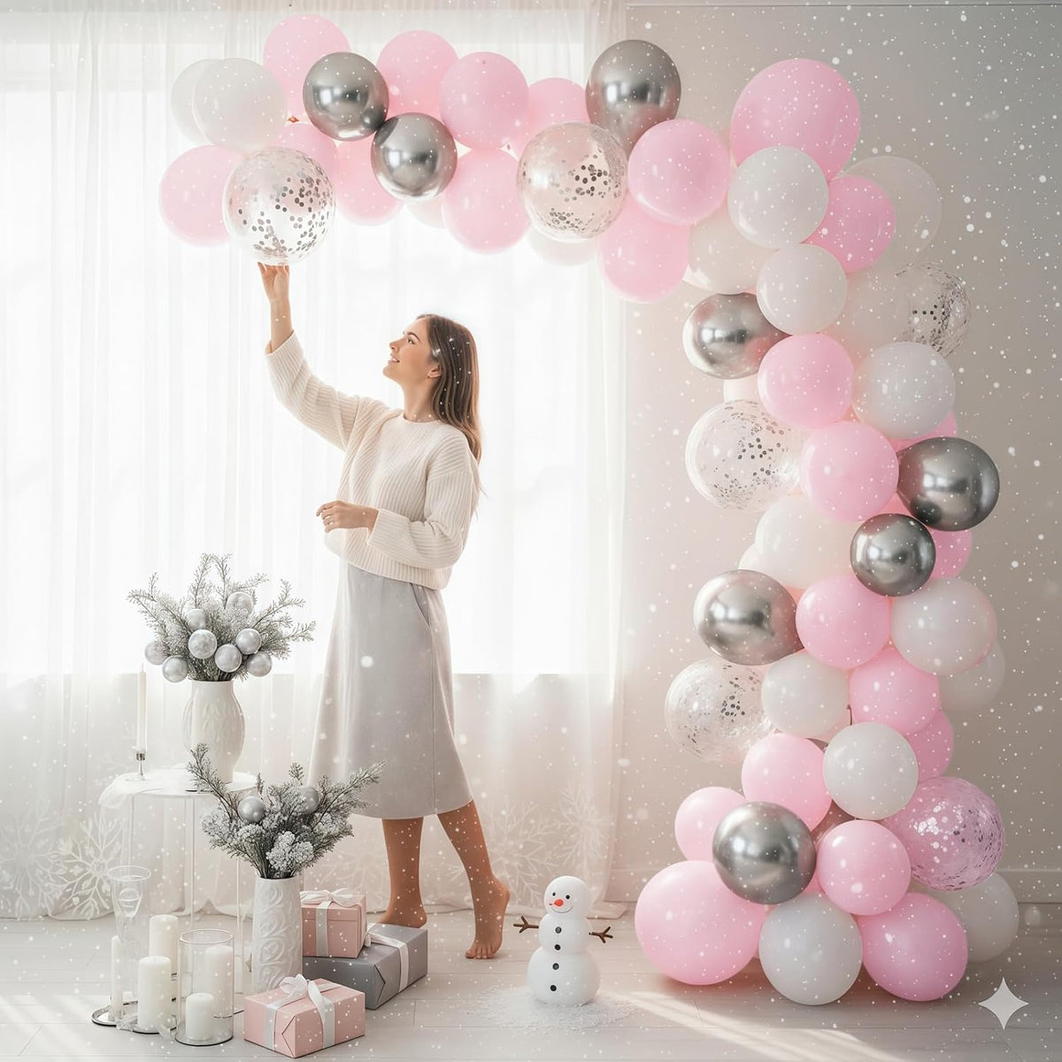 Pink and Silver Balloons, 60Pcs Winter Onederland Party Decorations, Pastel Light Pink Pearl White Metallic Silver Latex Balloon with Snowflake Balloon for Winter Wonderland Baby Shower Birthday Decor
