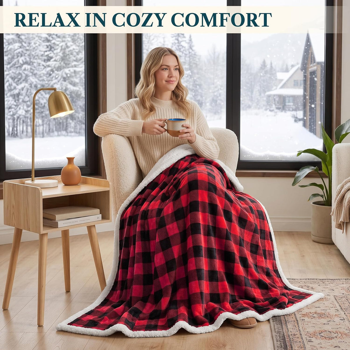 Checkered Sherpa Throw Blanket Couch Sofa Bed, Red Black, 50X60