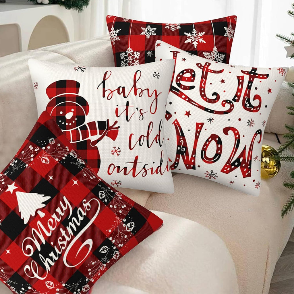 4Pcs Red Christmas Pillow Covers, 18 X 18 Inch Winter Holidays Christmas Cushion Cover Decoration for Sofa, Christmas Decorations Winter Holiday Decorations for Home Couch