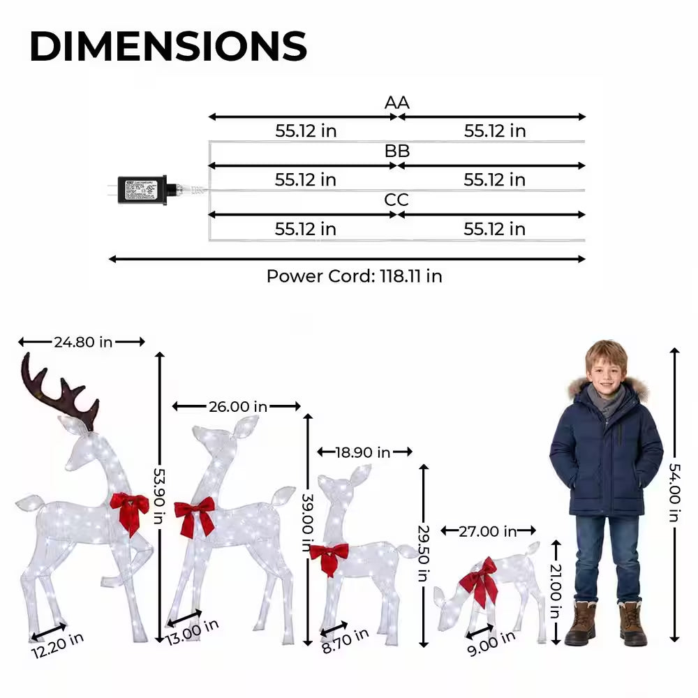 54 In. 4-Piece Outdoor Christmas Decoration 2.5D Reindeer Family Yard Decoration with Cool White LED Lights, White