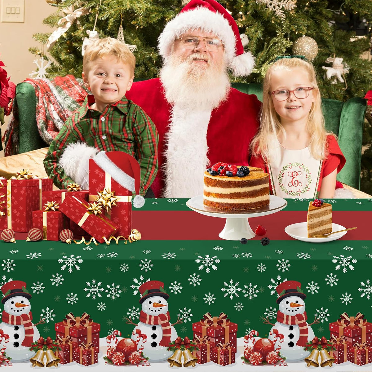 2 Pack Christmas Tablecloth,Disposable Plastic Tablecloth 54" X 108" Christmas Decorations Xmas Party Supply,Snowman Green Table Cloth,Plastic Table Cover for Indoor,Outside,Home,Dinner,Party