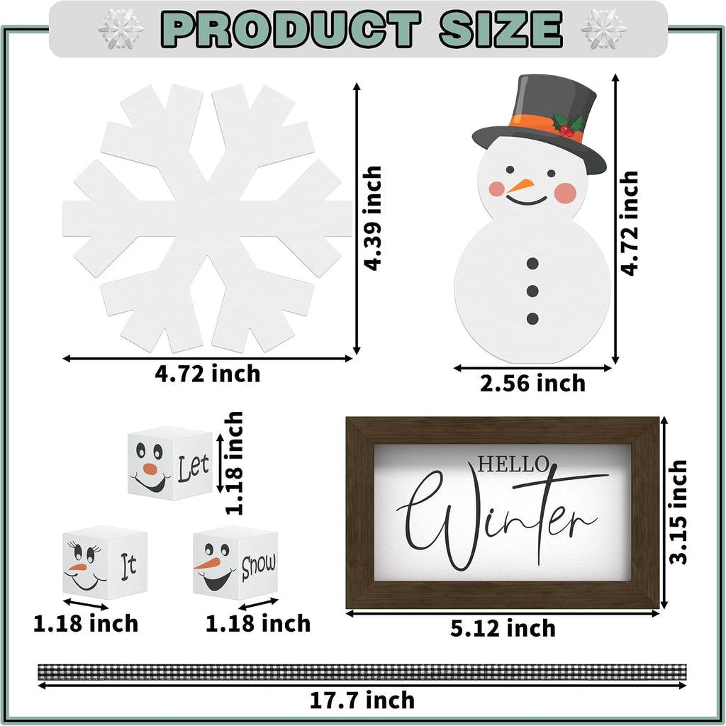 Christmas/Winter Tiered Tray Decor, 6 Pcs Hello Winter Snowflake Snowman Table Signs Let It Snow Wooden Signs for Home Kitchen Office