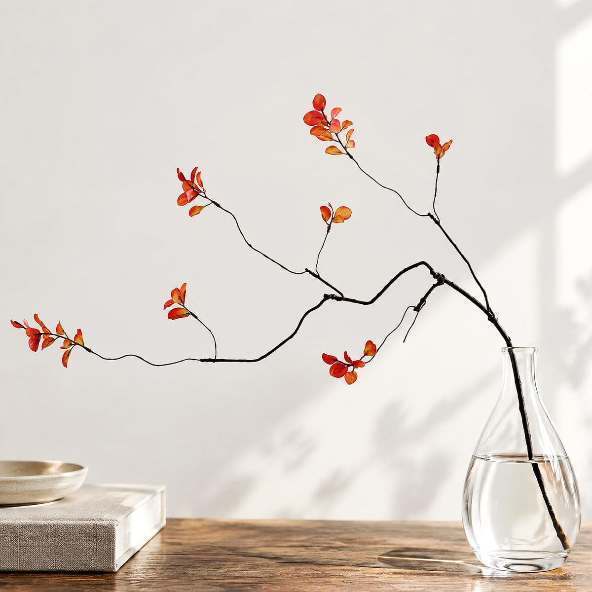 4 Pcs Fall Stems for Vases, 35.4 Inch Artificial Ficus Branches, Faux Eucalyptus Stems and Fake Fall Leaves for Autumn Table Centerpiece Home Decor, Orange, Vase Not Included