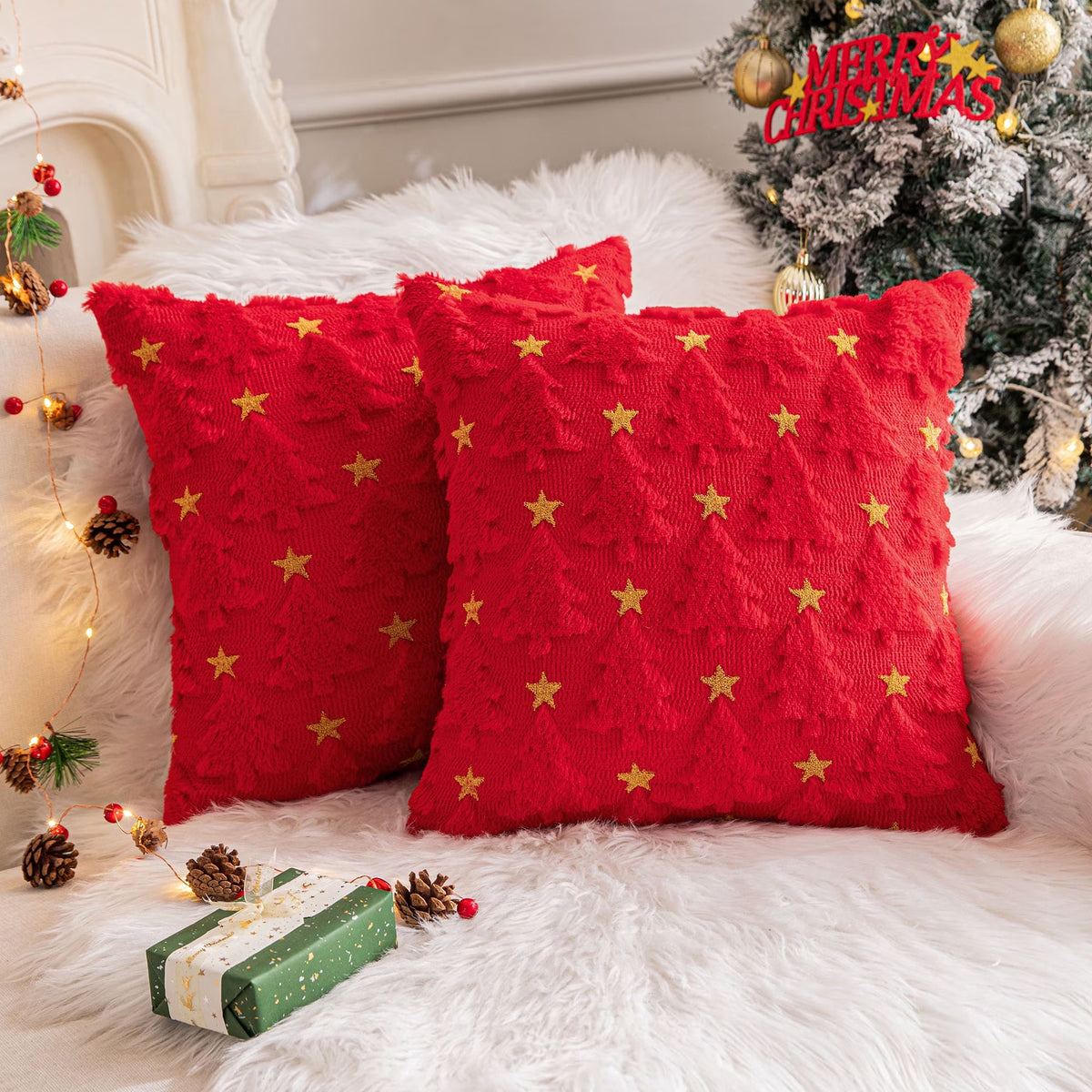 Christmas Tree Throw Pillow Covers Set of 2, Snowflake Faux Fur Throw Pillows for Couch, Winter Holiday Decorations, Farmhouse Soft Plush Pillowcases