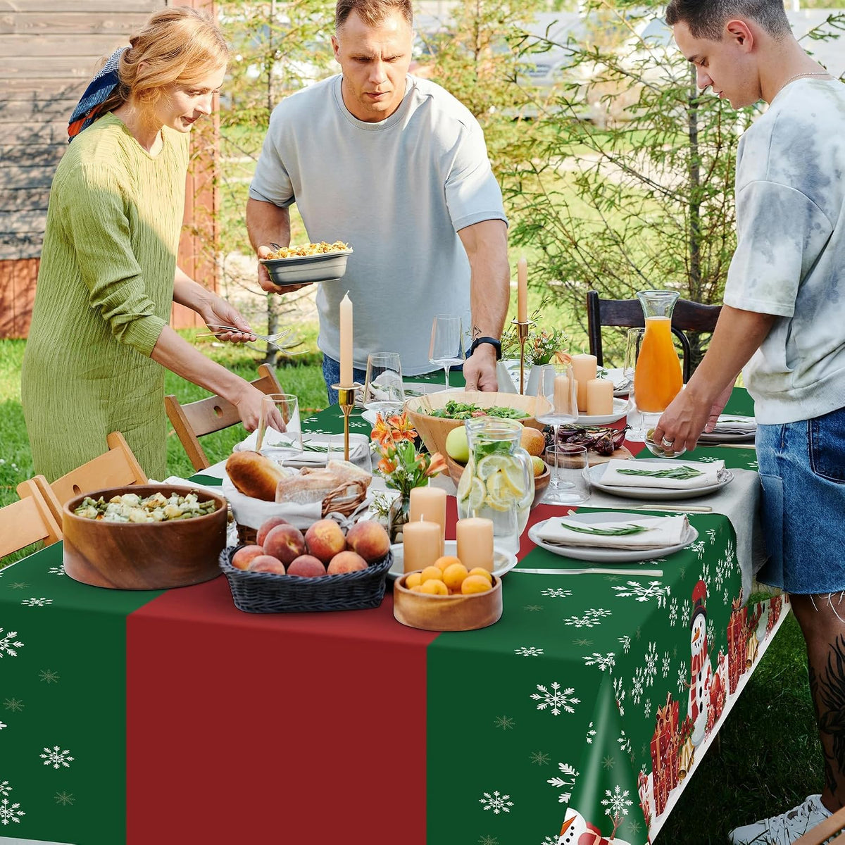 2 Pack Christmas Tablecloth,Disposable Plastic Tablecloth 54" X 108" Christmas Decorations Xmas Party Supply,Snowman Green Table Cloth,Plastic Table Cover for Indoor,Outside,Home,Dinner,Party