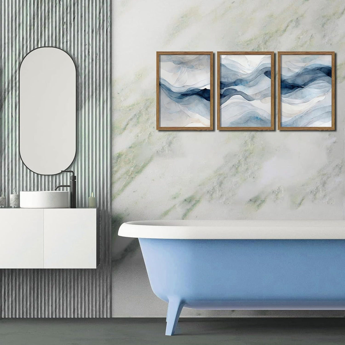 Blue Abstract Wall Art, Modern Navy Blue Abstract Canvas Wall Decor Paintings, Neutral Minimalist Texture Posters Prints Pictures for Living Room Bedroom Office Home Decor 16X24 Inch Wood Framed