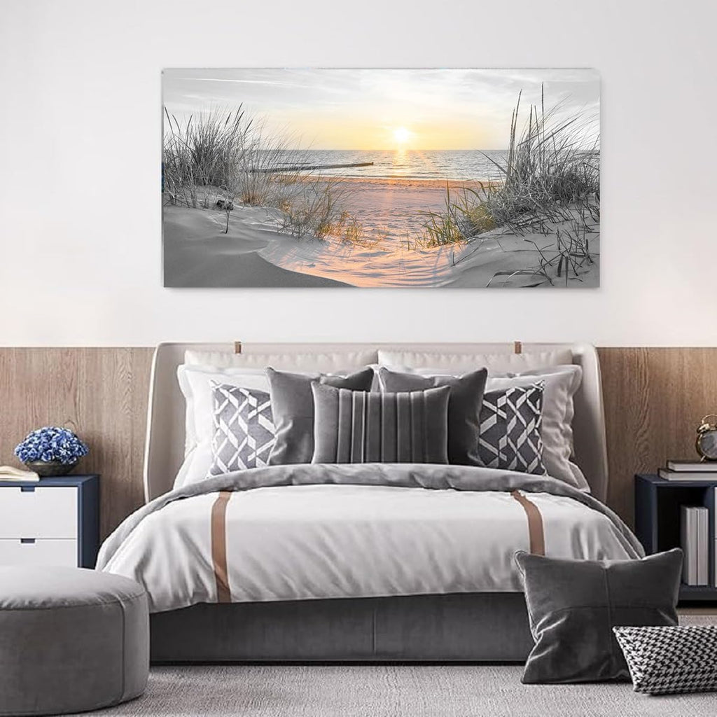 -Black and White Sunset Beach Wall Art Coastal Room Decor Ocean Picture for Living Room Wall Art Bedroom Seascape Artwork Prints Sea Scene Painting Modern Bathroom Office Decor