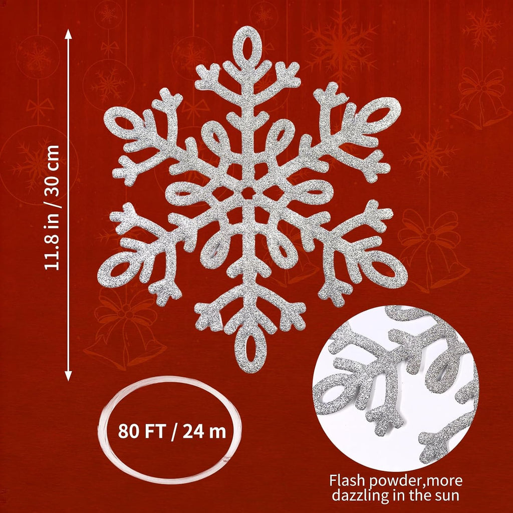 6 Pack 12" Large Glitter Hanging Snowflake Decorations, Silver