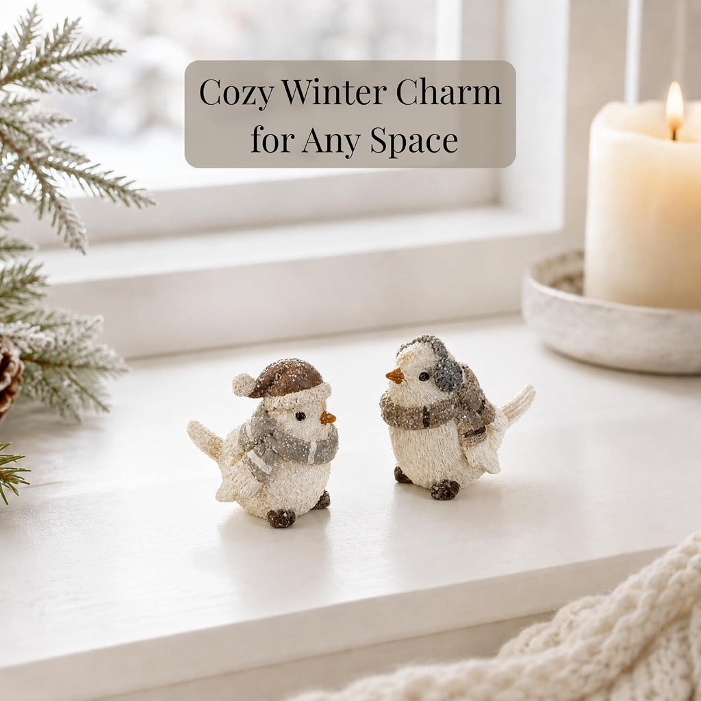 Wintry White Resin Bird Figurines - Set of 2 Snowy Birds