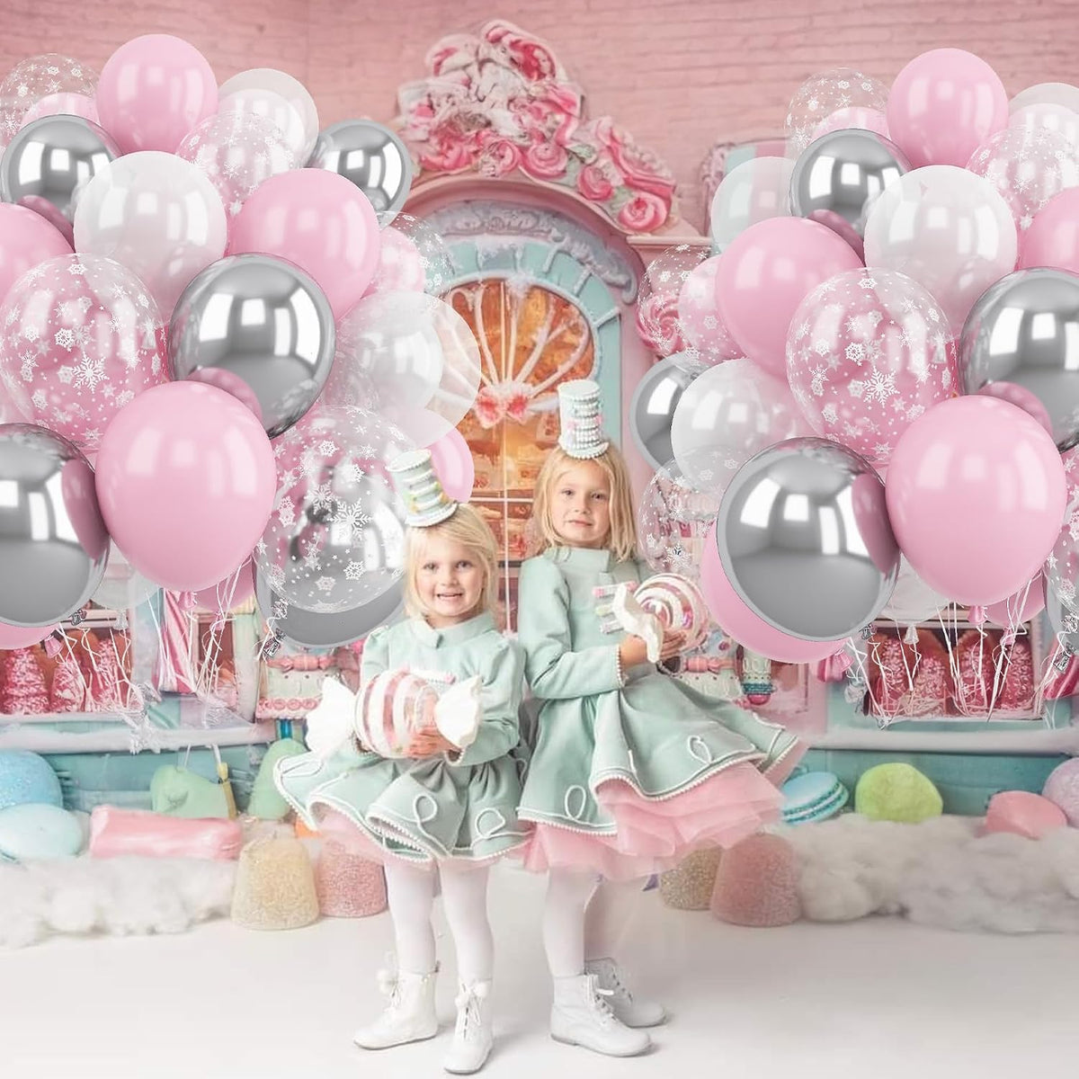 Pink and Silver Balloons, 60Pcs Winter Onederland Party Decorations, Pastel Light Pink Pearl White Metallic Silver Latex Balloon with Snowflake Balloon for Winter Wonderland Baby Shower Birthday Decor