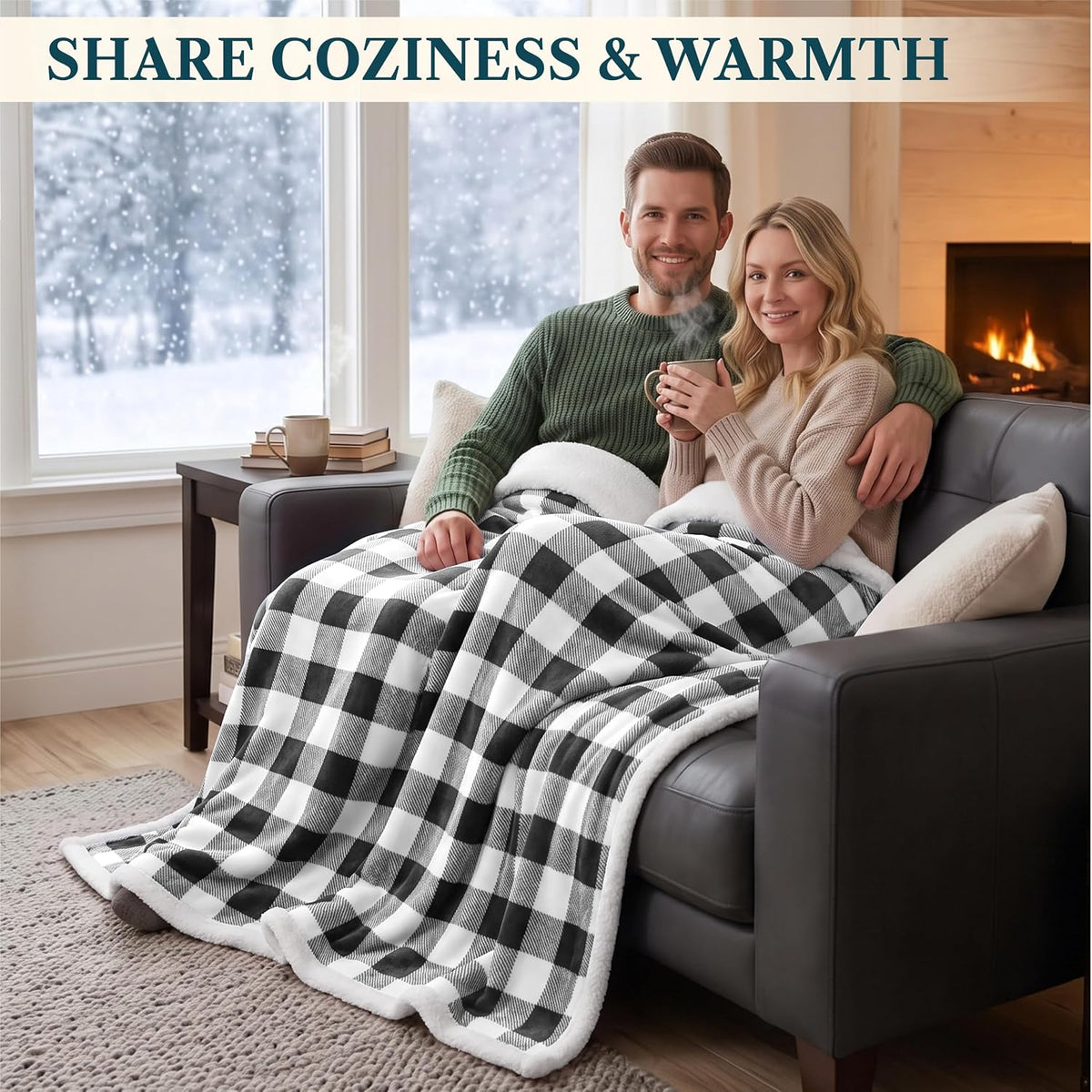 Checkered Sherpa Throw Blanket Couch Sofa Bed, Black White, 50X60
