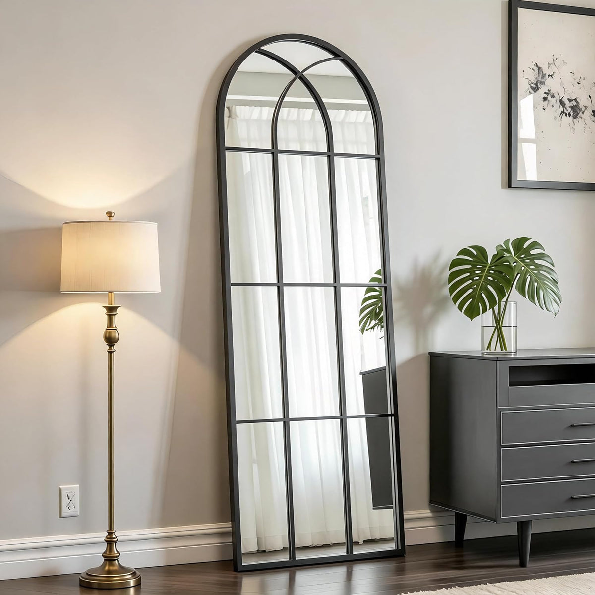 Arched Full Body Mirror 56" X 22"Black Window Wall Mirror