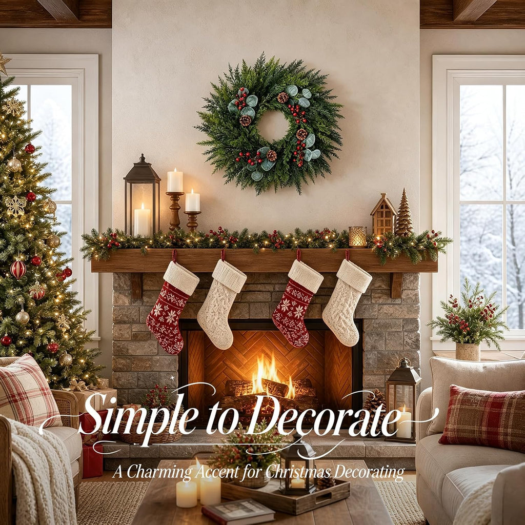 Festive 24-Inch Norfolk Pine Christmas Wreath for Front Door Decor