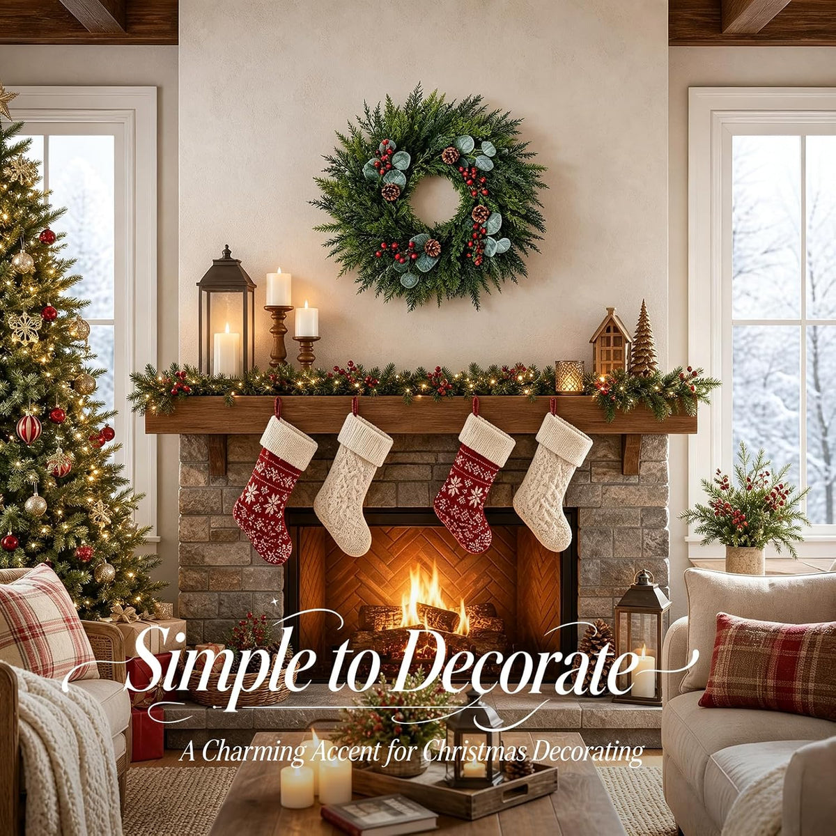 Festive 24-Inch Norfolk Pine Christmas Wreath for Front Door Decor
