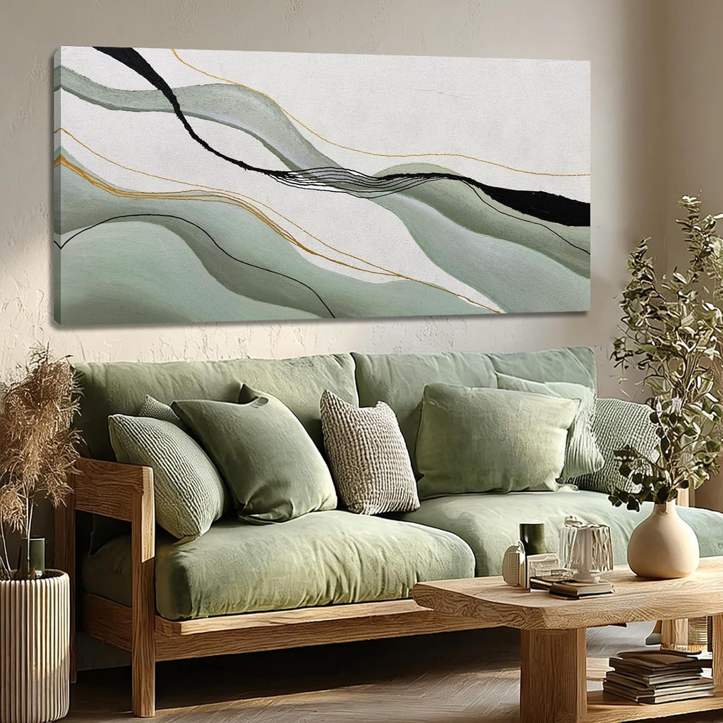 Green White Black Abstract Canvas Wall Art, Large Abstract Wall Decor for Living Room, Modern Wall Art Print for Bedroom Office, 24X48 Inch