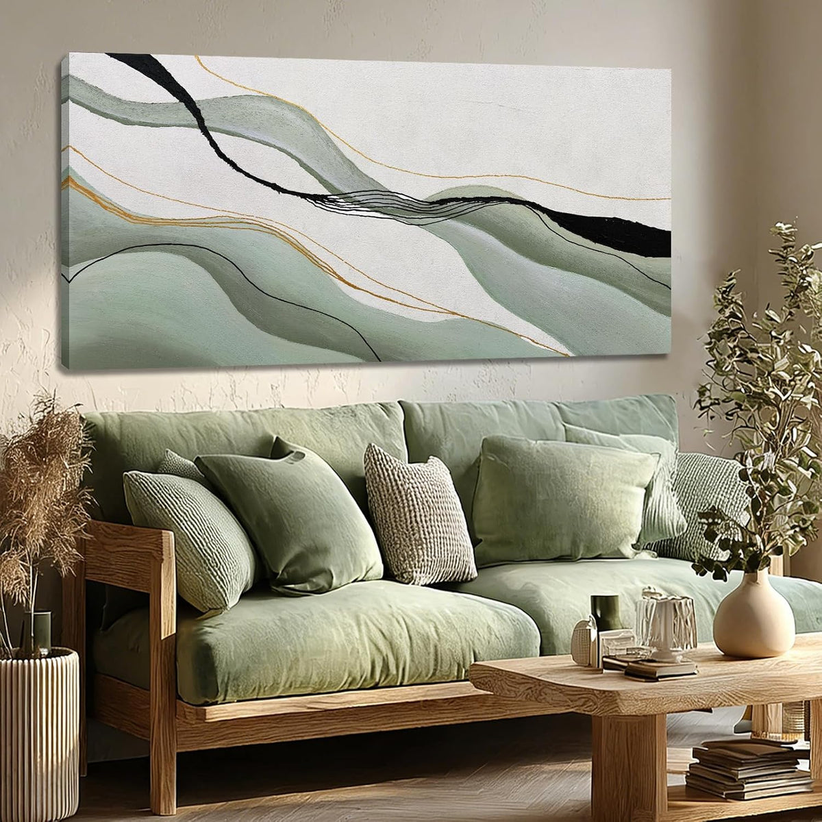 Green White Black Abstract Canvas Wall Art, Large Abstract Wall Decor for Living Room, Modern Wall Art Print for Bedroom Office, 24X48 Inch