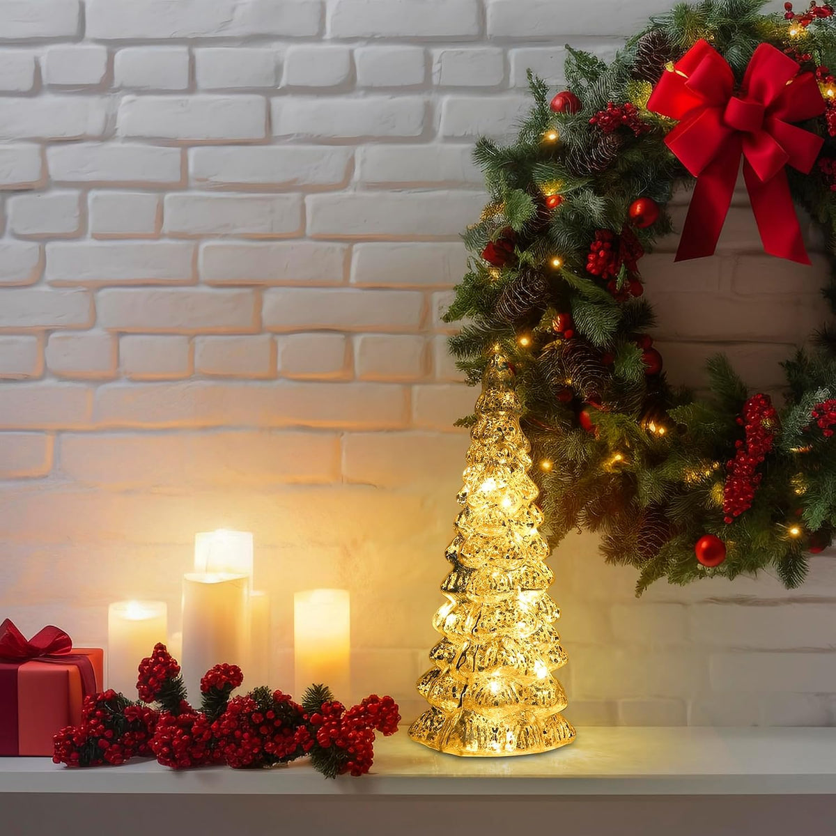 Christmas Tree Glass Decorative LED Light: 13.5" Tall, Battery Operated Holiday Tabletop Ornament, Frosted Glass Christmas Home Decor, Xmas Tree Night Light for Indoor Decor White
