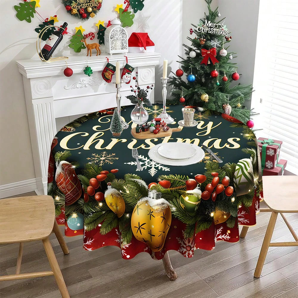Christmas Wreath round Tablecloth Merry Christmas round Tablecloth 60 Inches Winter Christmas Home Decor round Tablecloth Red Berry Pine Branch Christmas Ball Decorative Tablecovers