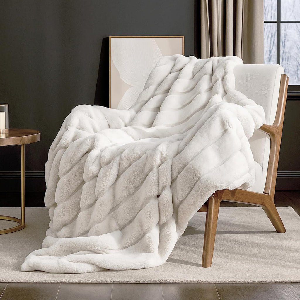 Deluxe Sheared Rabbit Faux Fur Throw Blanket, Soft Fuzzy High-Low Sculpted Plush Blanket for Couch, Cozy Home Accent, All Season Use, Beige 50"X60"