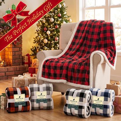 Checkered Sherpa Throw Blanket Couch Sofa Bed, Red Black, 50X60