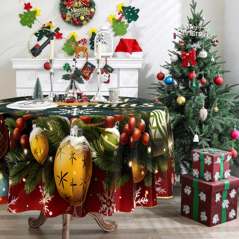 Christmas Wreath round Tablecloth Merry Christmas round Tablecloth 60 Inches Winter Christmas Home Decor round Tablecloth Red Berry Pine Branch Christmas Ball Decorative Tablecovers